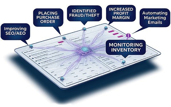 Improving SEO/AEO | Placing Purchase Order | Identified Fraud/Theft | Increased Profit Margin | Automating Marketing Emails | Monitoring Inventory